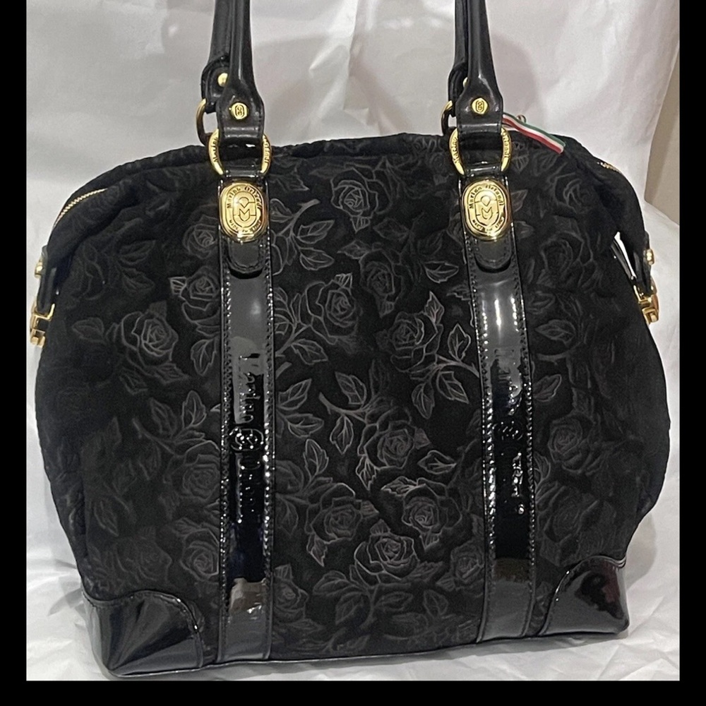Marino Orlandi Italian Rose Embossed Black Suede Patent  Trim Handbag MO3996 NWT